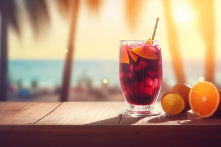 Refreshing Sangria in Glass Pitcher with Fruit Slices on Wooden Table Overlooking Beach, Sea, Palm Trees in Blurred Background - Generative AIの素材