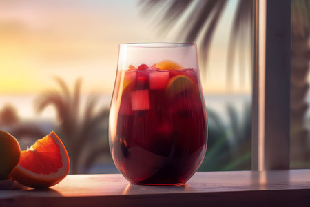 Refreshing Sangria in Glass Pitcher with Fruit Slices on Wooden Table Overlooking Beach, Sea, Palm Trees in Blurred Background - Generative AIの素材