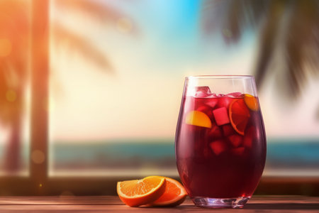 Refreshing Sangria in Glass Pitcher with Fruit Slices on Wooden Table Overlooking Beach, Sea, Palm Trees in Blurred Background - Generative AIの素材