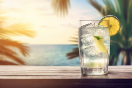 Tom Collins Gin-Based Cocktail Served on a Wooden Table with Sea, and Palm Trees Background - Perfect for Summer Vacation and Relaxation - Generative AIの素材