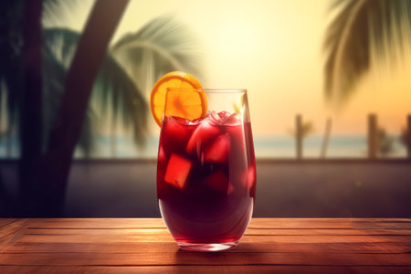 Refreshing Sangria in Glass Pitcher with Fruit Slices on Wooden Table Overlooking Beach, Sea, Palm Trees in Blurred Background - Generative AIの素材