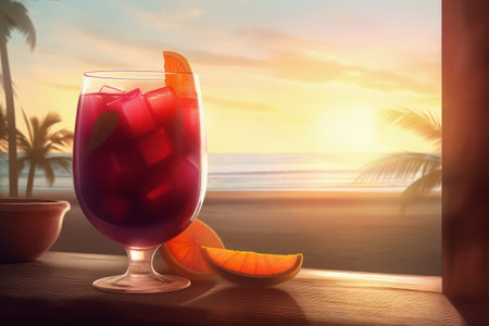 Refreshing Sangria in Glass Pitcher with Fruit Slices on Wooden Table Overlooking Beach, Sea, Palm Trees in Blurred Background - Generative AIの素材