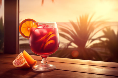 Refreshing Sangria in Glass Pitcher with Fruit Slices on Wooden Table Overlooking Beach, Sea, Palm Trees in Blurred Background - Generative AIの素材