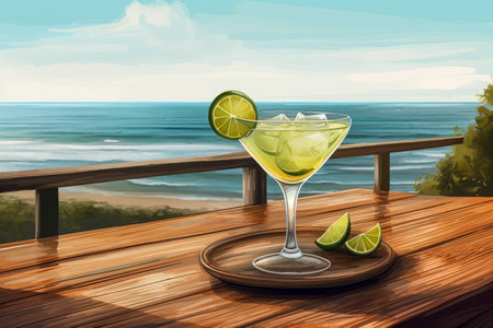 Refreshing Margarita Cocktail on Wooden Table at Beachside with Scenic Ocean View and Sunlight, Ideal for Vacation and Relax Concept. Generative AIの素材