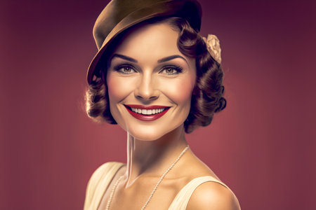 Smiling woman in elegant 1920s clothing striking a pose at a themed party, showing off her fashionable attire against a solid studio backdrop - Generative AIの素材