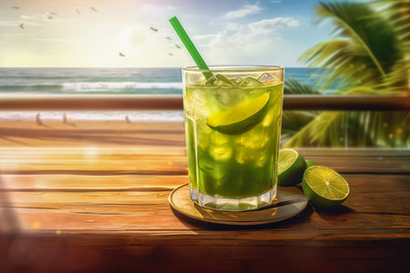 Brazilian Caipirinha cocktail on wooden table with a stunning beach and sea view, creating a perfect tropical paradise scene. Generative AIの素材