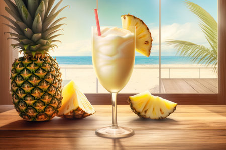 Refreshing Pina Colada Cocktail on Wooden Table by the Beach. Perfect Vacation Drink with Tropical Seascape in Background, Generative AIの素材
