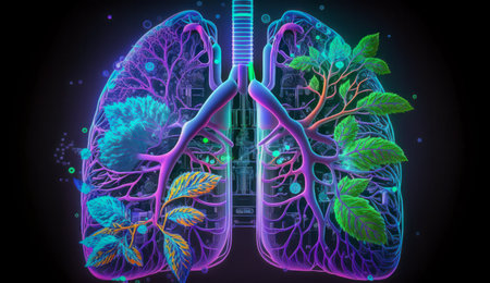Human lungs. digital cyberspace with futuristic security technology, surrounded by network elements, circuitry patterns, binary code, holographic data streams, neon colors, and dramatic lighting. Generative AIの素材