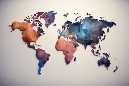 Digital world map created with colorful polygon shapes on bright, background, ideal for presentations and infographics. Generative AIの素材