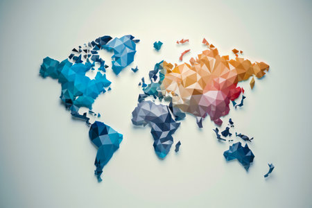 Digital world map created with colorful polygon shapes on bright, background, ideal for presentations and infographics. Generative AIの素材