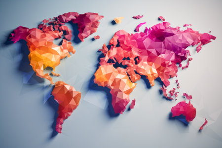 Digital world map created with colorful polygon shapes on bright, background, ideal for presentations and infographics. Generative AIの素材