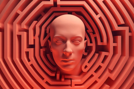 Human head in labyrinth, symbolizing doubts, psychology, psychotherapy, and mental processes, conceptual image for problem-solving and decision-making. Generative AIの素材