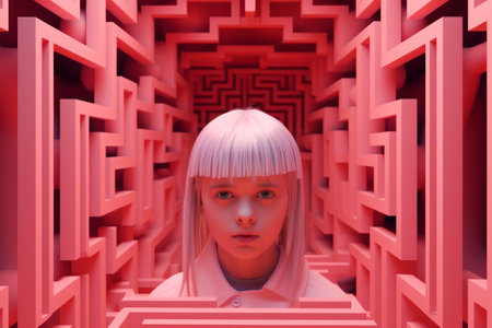 Beautiful Girls Head on Labyrinth Background, Symbolizing Doubts, Psychology, Psychotherapy, and Mental Processes. 3D style. Generative AIの素材