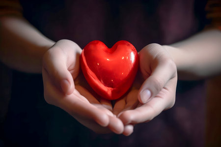 Close-up of Hands Holding Red Heart. Love and Support for World Blood Donor Day - Give Blood, Save Lives - Generative AIの素材