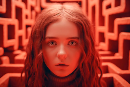Beautiful Girls Head on Labyrinth Background, Symbolizing Doubts, Psychology, Psychotherapy, and Mental Processes. 3D style. Generative AIの素材