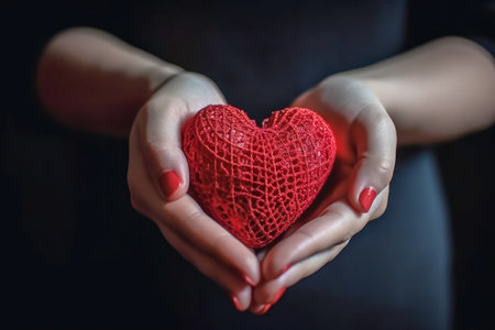 Close-up of Hands Holding Red Heart. Love and Support for World Blood Donor Day - Give Blood, Save Lives - Generative AIの素材