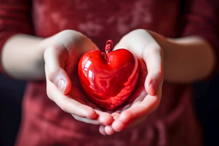 Close-up of Hands Holding Red Heart. Love and Support for World Blood Donor Day - Give Blood, Save Lives - Generative AIの素材