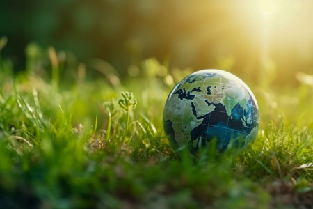 Glass Earth globe positioned on vibrant green background, illustrating global environmental awareness and sustainability. Generative AIの素材