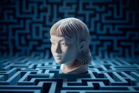 Beautiful Girls Head on Labyrinth Background, Symbolizing Doubts, Psychology, Psychotherapy, and Mental Processes. 3D style. Generative AIの素材