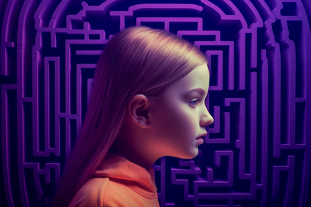 Beautiful Girls Head on Labyrinth Background, Symbolizing Doubts, Psychology, Psychotherapy, and Mental Processes. 3D style. Generative AIの素材