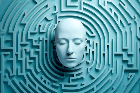 Human head in labyrinth, symbolizing doubts, psychology, psychotherapy, and mental processes, conceptual image for problem-solving and decision-making. Generative AIの素材