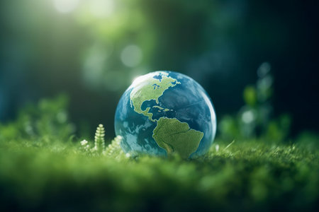 Glass Earth globe positioned on vibrant green background, illustrating global environmental awareness and sustainability. Generative AIの素材