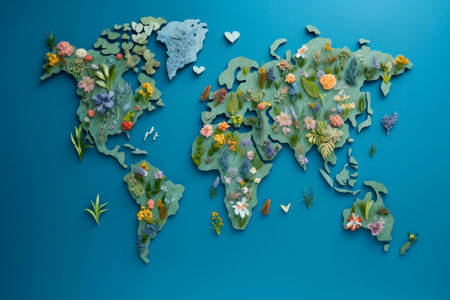 World Map Composed of Flowers, Plants, and Greenery on Blue Background, Ideal for Environmental Awareness and Nature-Themed Designs, Generative AIの素材