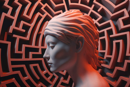 Human head in labyrinth, symbolizing doubts, psychology, psychotherapy, and mental processes, conceptual image for problem-solving and decision-making. Generative AIの素材