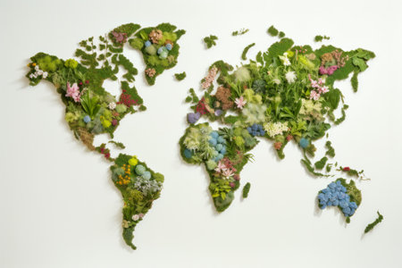 Beautiful world map composed of various flowers plants, and greenery on white background, showcasing global biodiversity and eco-friendliness. Generative AIの素材