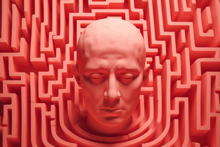 Human head in labyrinth, symbolizing doubts, psychology, psychotherapy, and mental processes, conceptual image for problem-solving and decision-making. Generative AIの素材