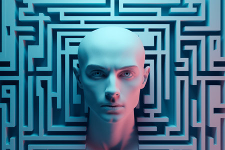 Human head in labyrinth, symbolizing doubts, psychology, psychotherapy, and mental processes, conceptual image for problem-solving and decision-making. Generative AIの素材