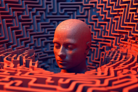 Human head in labyrinth, symbolizing doubts, psychology, psychotherapy, and mental processes, conceptual image for problem-solving and decision-making. Generative AIの素材
