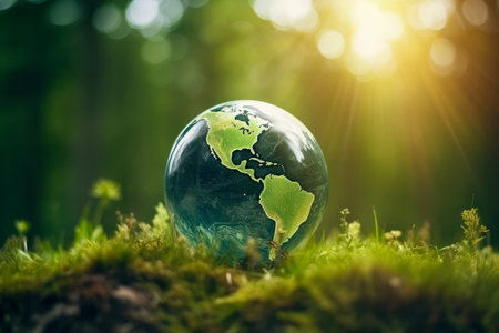 Glass Earth globe positioned on vibrant green background, illustrating global environmental awareness and sustainability. Generative AIの素材