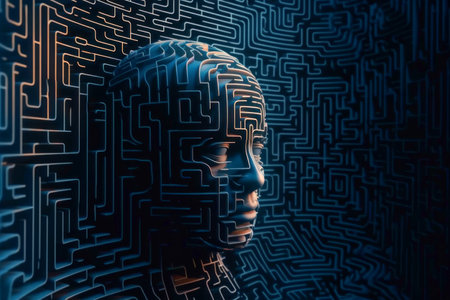 Human head in labyrinth, symbolizing doubts, psychology, psychotherapy, and mental processes, conceptual image for problem-solving and decision-making. Generative AIの素材