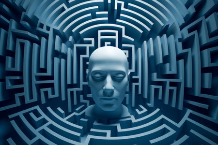 Human head in labyrinth, symbolizing doubts, psychology, psychotherapy, and mental processes, conceptual image for problem-solving and decision-making. Generative AIの素材