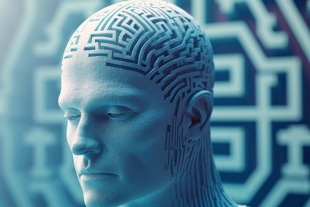Human head in labyrinth, symbolizing doubts, psychology, psychotherapy, and mental processes, conceptual image for problem-solving and decision-making. Generative AIの素材