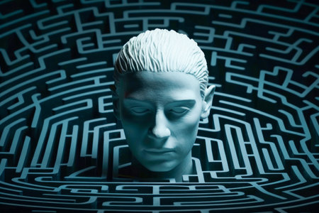 Human head in labyrinth, symbolizing doubts, psychology, psychotherapy, and mental processes, conceptual image for problem-solving and decision-making. Generative AIの素材