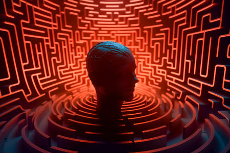 Human head in labyrinth, symbolizing doubts, psychology, psychotherapy, and mental processes, conceptual image for problem-solving and decision-making. Generative AIの素材