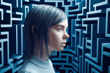 Beautiful Girls Head on Labyrinth Background, Symbolizing Doubts, Psychology, Psychotherapy, and Mental Processes. 3D style. Generative AIの素材