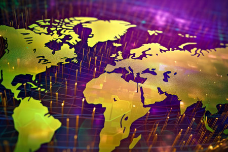 World Map with Vibrant Purple, Green, Gold Colors Displayed in a Digital Cyberspace Environment, Perfect for Technology and Global Business Connectivity Concepts - Generative AIの素材