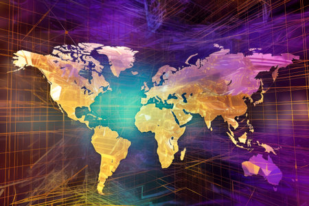 World Map with Vibrant Purple, Green, Gold Colors Displayed in a Digital Cyberspace Environment, Perfect for Technology and Global Business Connectivity Concepts - Generative AIの素材