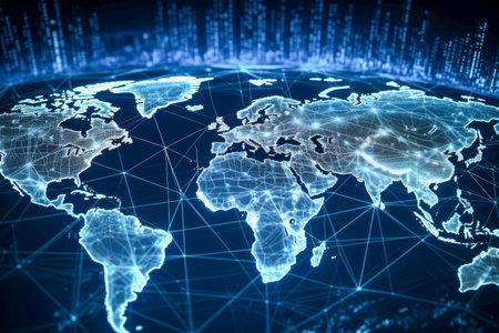 World Map Displayed in a Digital Cyberspace Environment with Blue Background, Perfect for Technology and Global Connectivity Concepts - Generative AIの素材