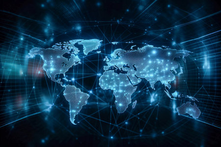 World Map Displayed in a Digital Cyberspace Environment with Blue Background, Perfect for Technology and Global Connectivity Concepts - Generative AIの素材