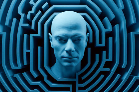Human head in labyrinth, symbolizing doubts, psychology, psychotherapy, and mental processes, conceptual image for problem-solving and decision-making. Generative AIの素材