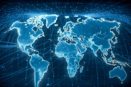World Map Displayed in a Digital Cyberspace Environment with Blue Background, Perfect for Technology and Global Connectivity Concepts - Generative AIの素材