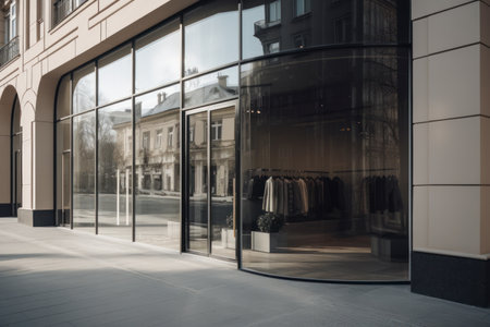 Modern Clothing Boutique Exterior with Large Window Display and Contemporary Interior Design, Ideal for Fashion Retail Concepts and Shopping Experiences. Generative AIの素材