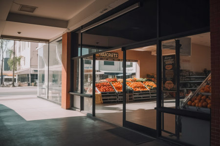 Contemporary grocery store exterior with large window display showcasing fresh produce, inviting customers to explore the clean, modern interior. Generative AIの素材