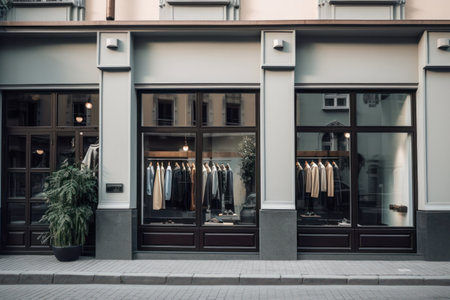 Modern Clothing Boutique Exterior with Large Window Display and Contemporary Interior Design. Ideal for Fashion Retail Concepts and Shopping Experiences - Generative AIの素材