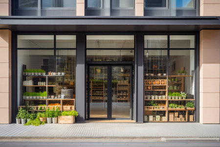 Modern grocery store exterior featuring large window display and contemporary interior. Front view. Generative AI.の素材
