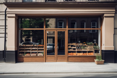 Modern grocery store exterior featuring large window display and contemporary interior. Front view. Generative AI.の素材